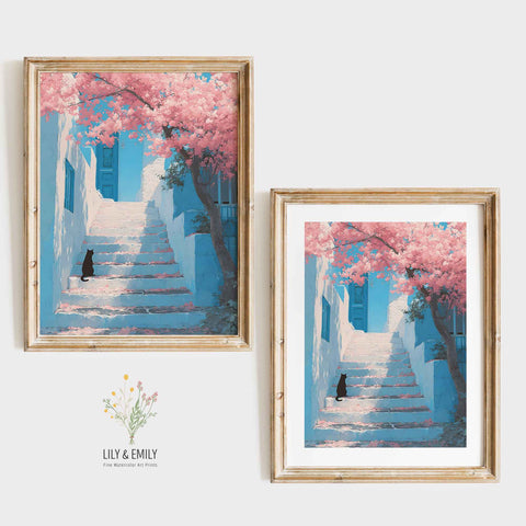 Greek Island Stairs Watercolor Art Print – Mediterranean Blue Wall Art - oakposter
