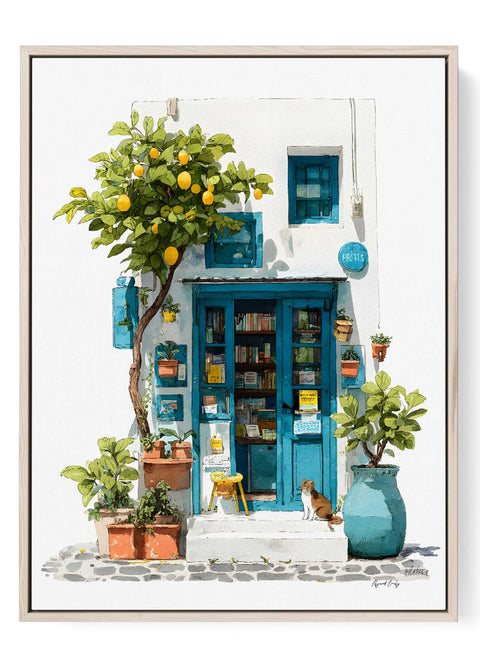 Greek Island bookshop lemon tree print featuring white stucco wall and cobalt blue door
