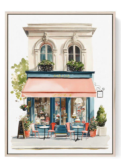 Greek island café watercolor with pink wall and umbrella