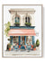 Greek island café watercolor with pink wall and umbrella