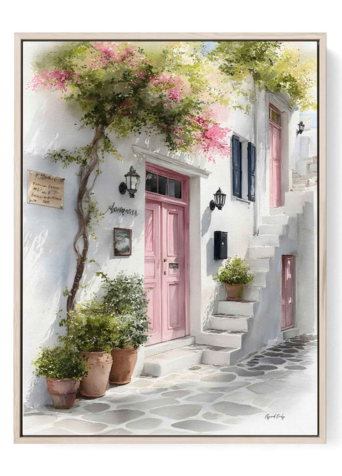 Greek island pink door watercolor art print with Mediterranean street scene