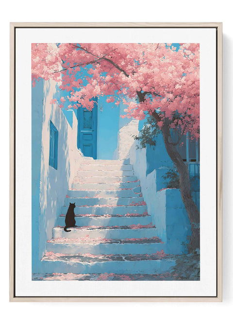 Greek island stairs watercolor art print with blue doors