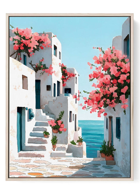Greek island wall art coastal village scene