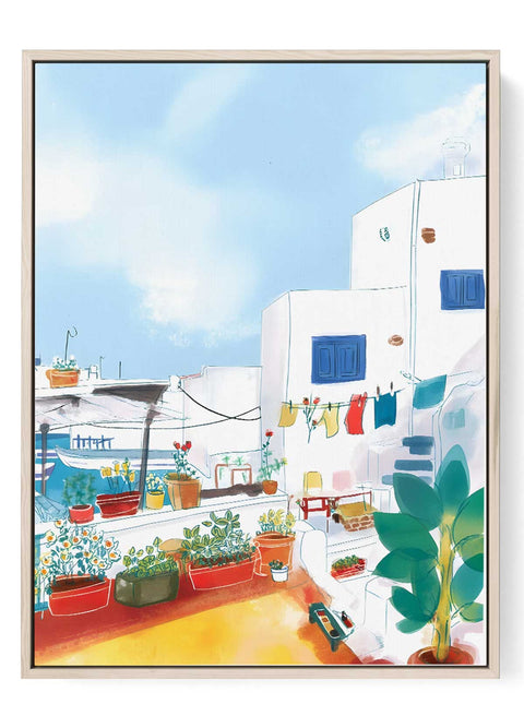 Greek island watercolor print with colorful courtyard and blue shutters

