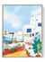 Greek island watercolor print with colorful courtyard and blue shutters