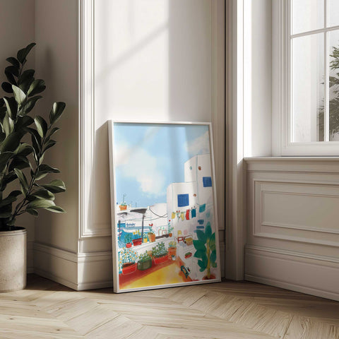 Greek lifestyle art print with Cycladic architecture and flora

