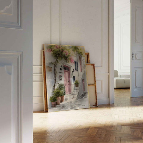Greek village storefront painting with pink wooden door and blue shutters