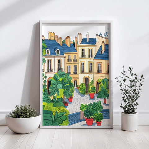 Green plants and Paris rooftops in soft watercolor style

