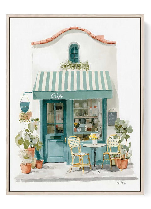 Green striped awning cafe watercolor art print with white building