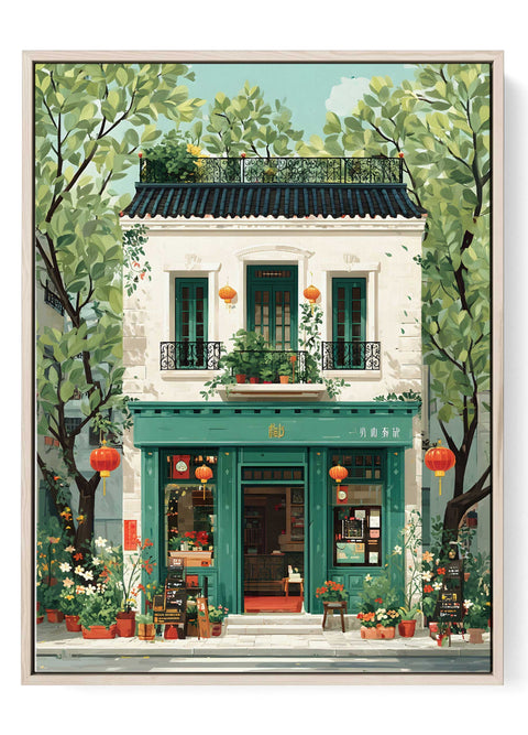 Green tea house watercolor wall art print
