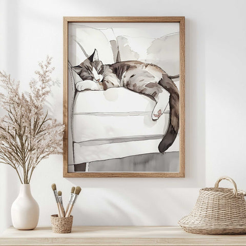 Grey and white sofa cat watercolor for pet lovers

