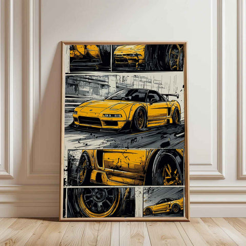 Halftone style yellow sports car art for modern interior design