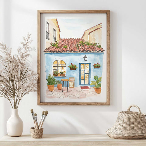 Hand-painted Mediterranean print of traditional tiled Spanish facade

