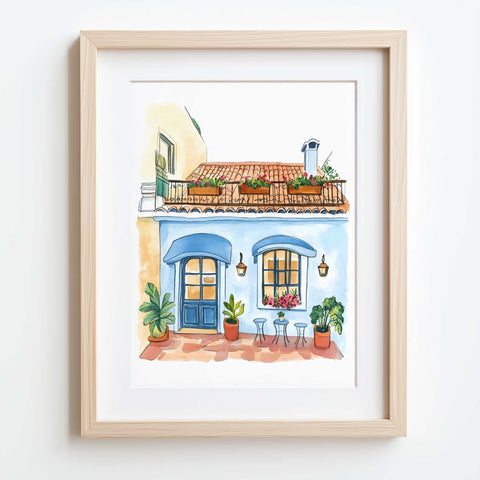 Hand-painted coastal home with colorful potted plants

