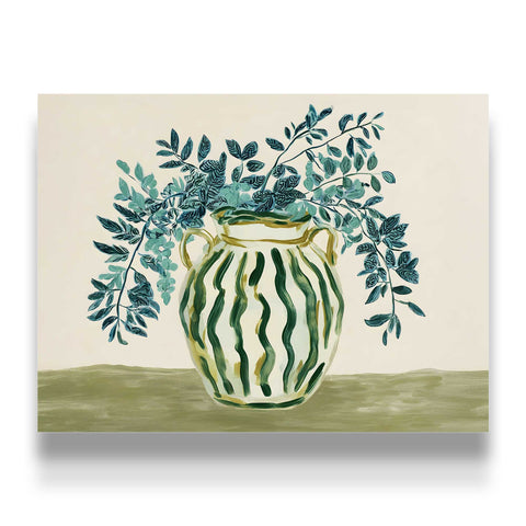 Hand-painted style illustration of a striped vase with overflowing foliage.