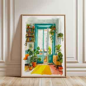 High-quality museum-grade print of a European balcony in a soft, painterly style.