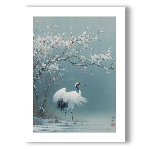 High-quality museum-grade print of a Japanese crane in a flowering tree.