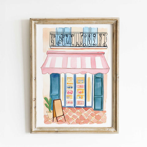 High-quality museum-grade print of a bakery in a soft, painterly style.