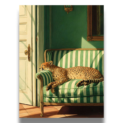 High-quality museum-grade print of a cheetah in a luxury living room setting.