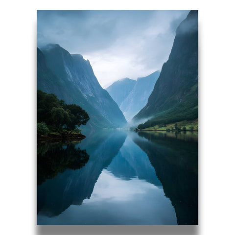 High-quality museum-grade print of a foggy mountain range and water.