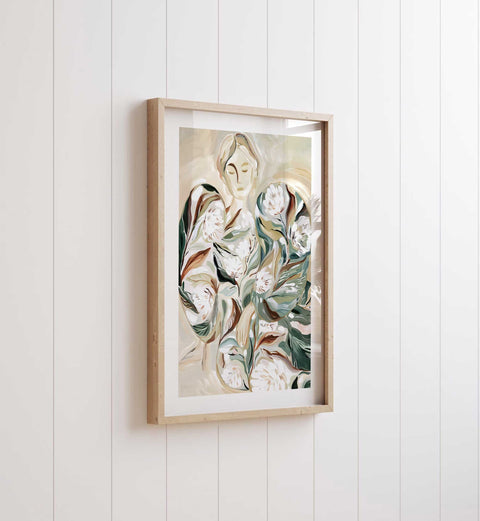 High-quality museum-grade print of a hand-painted floral woman illustration.