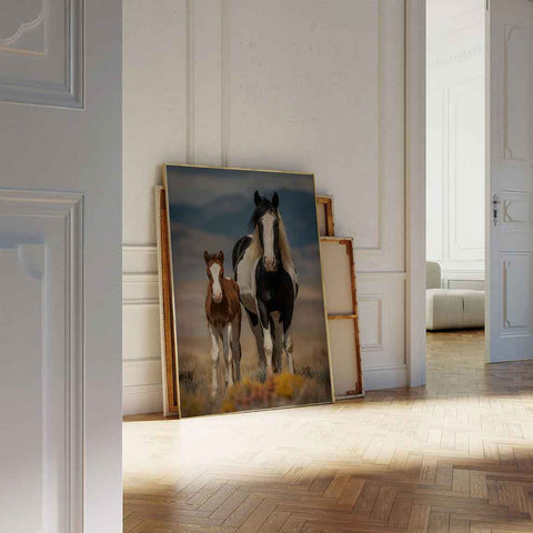 High-quality museum-grade print of a mare and foal in a clean, modern style.