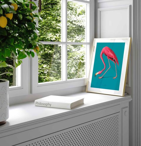 High-quality museum-grade print of a minimalist flamingo illustration.