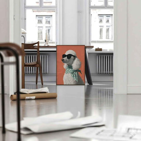 High-quality museum-grade print of a poodle in a playful, modern style.