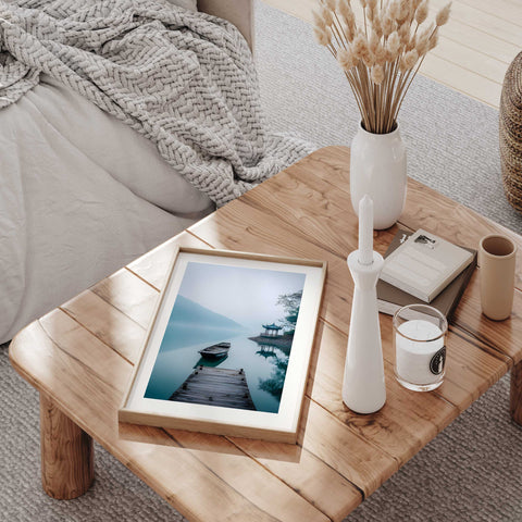 High-quality museum-grade print of a quiet structure on a foggy lake.