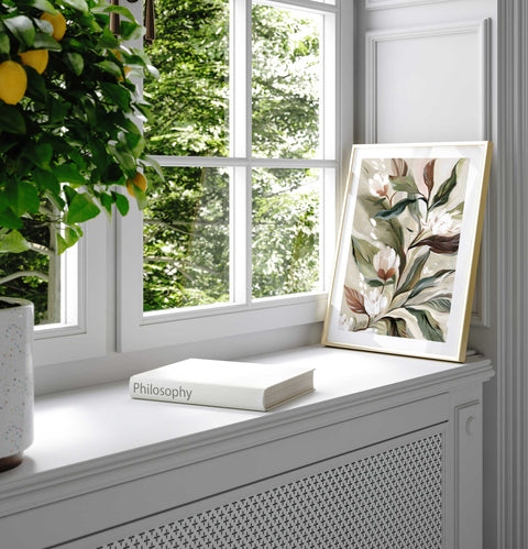 High-quality museum-grade print of a soft sage green floral illustration.