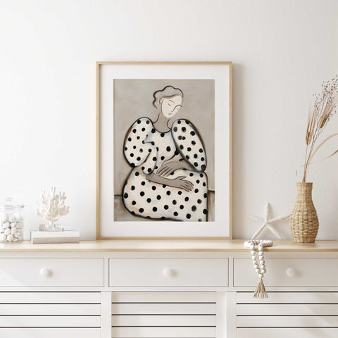 High-quality museum-grade print of a stylish woman in a polka dot dress.
