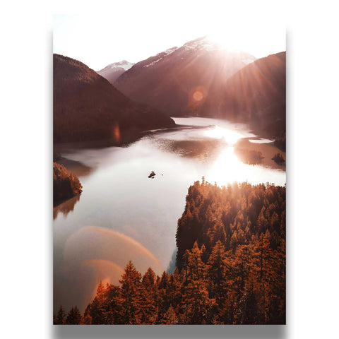 High-quality museum-grade print of a sun-drenched alpine lake.