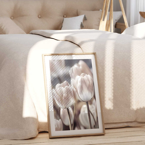 High-quality museum-grade print of a white tulip arrangement in a modern style.