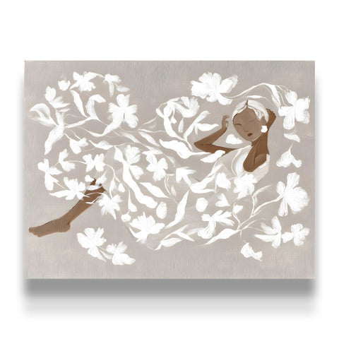 High-quality museum-grade print of an ethereal woman and flower garden.