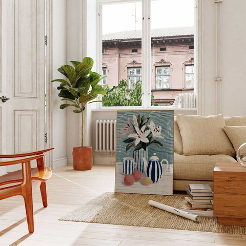 High-quality museum-grade print of lilies and citrus fruit in a modern style.