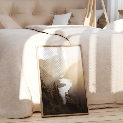 High-quality museum-grade print of misty peaks and a serene lake.