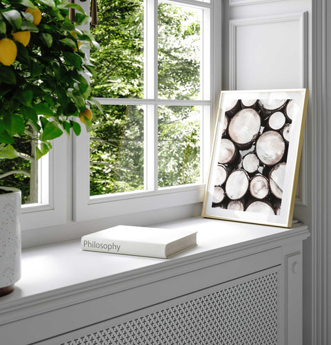 High-quality museum-grade print of stacked timber in a modern style.