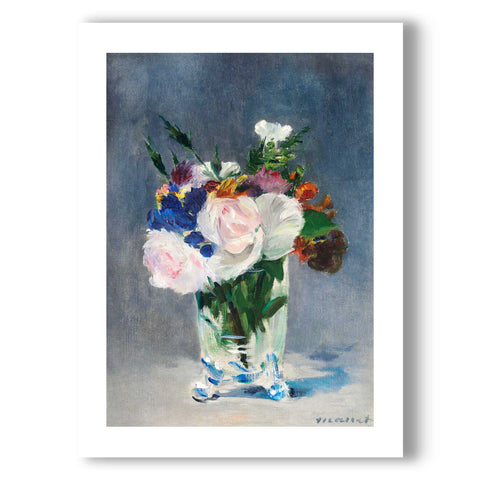 High-quality museum-grade reproduction of flowers in a glass vase.