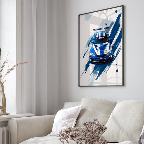 High performance German race car wall art in electric blue