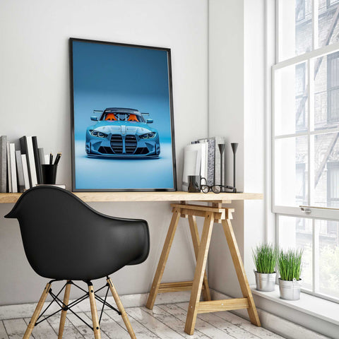 High performance German sports car wall art in metallic blue