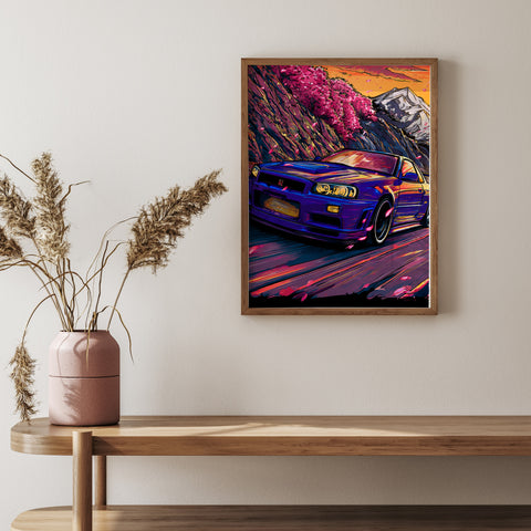High performance car art print with mountain landscape background