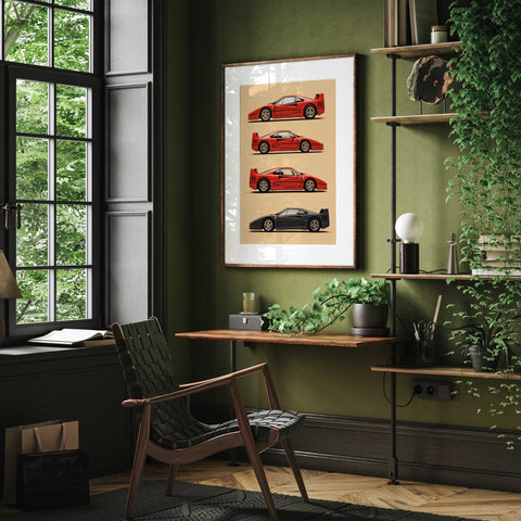 High quality Ferrari F40 digital art print with technical specs