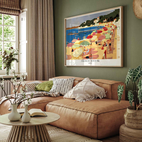 High resolution French Riviera beach artwork print for summer decor upgrade