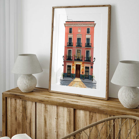 Historic red building watercolor art