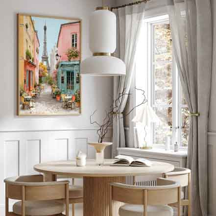 Idyllic European travel poster featuring Parisian architecture and blooming flowers