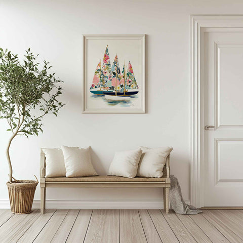 Idyllic ocean regatta poster with floral pattern sails for modern coastal home interior design