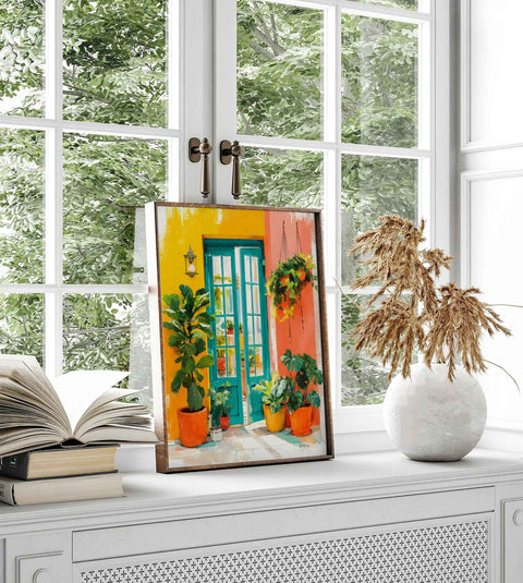 Idyllic sun dappled courtyard poster for colorful bohemian home interior design