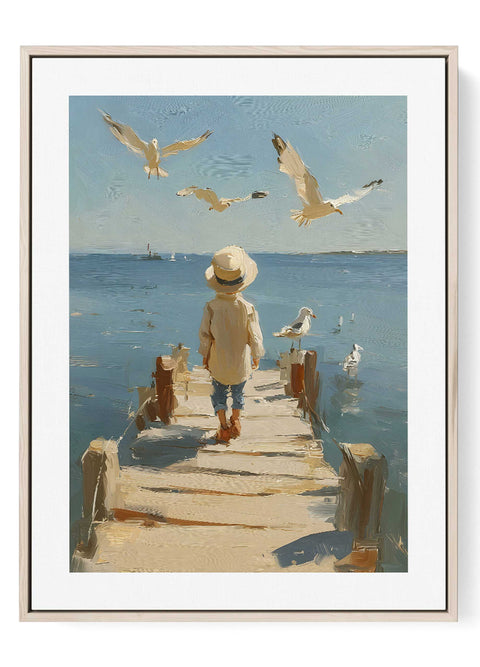 Impressionist oil painting reproduction of a child standing on a beach.