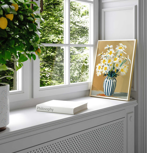 Impressionist style daisy illustration in a decorative striped ceramic vase.