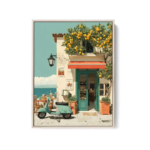 Mediterranean Café with Lemon Tree – Coastal Watercolor Wall Art